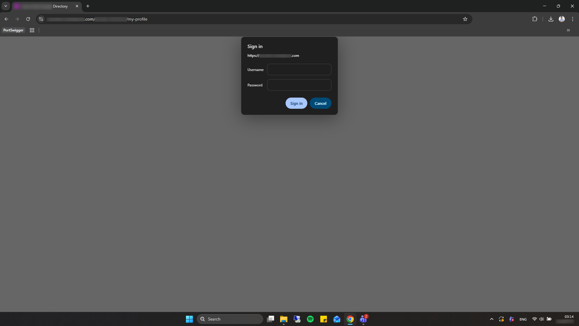 The same phishing re-authentication prompt automatically adapting to the browser’s dark theme.