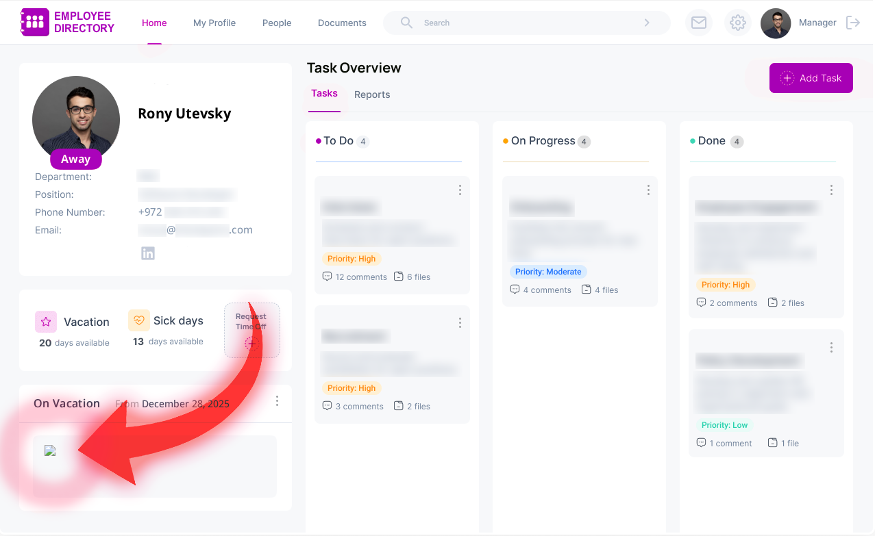 Employee profile page showing an injected Out-of-Office message containing a broken image icon used as the XSS execution vector